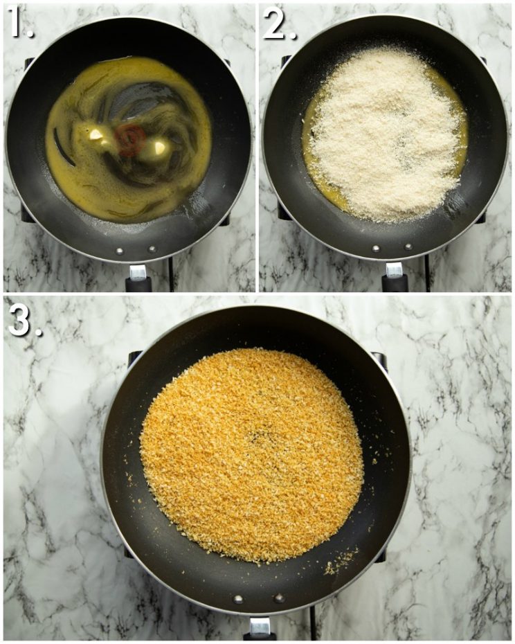 3 step by step photos showing how to toast breadcrumbs
