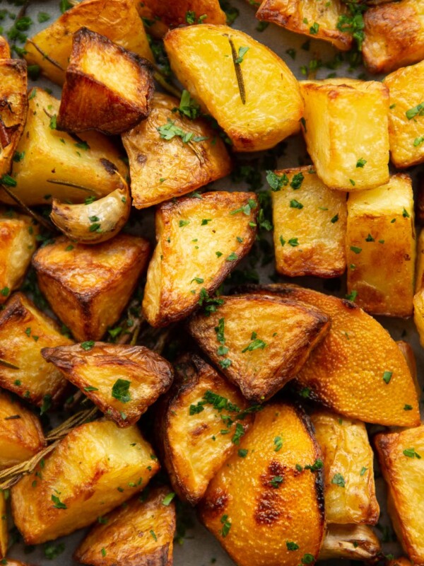 overhead shot of potatoes garnished with parsley fresh out the oven