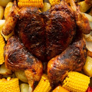 overhead shot of chicken surrounded by corn, onion and peppers on tray