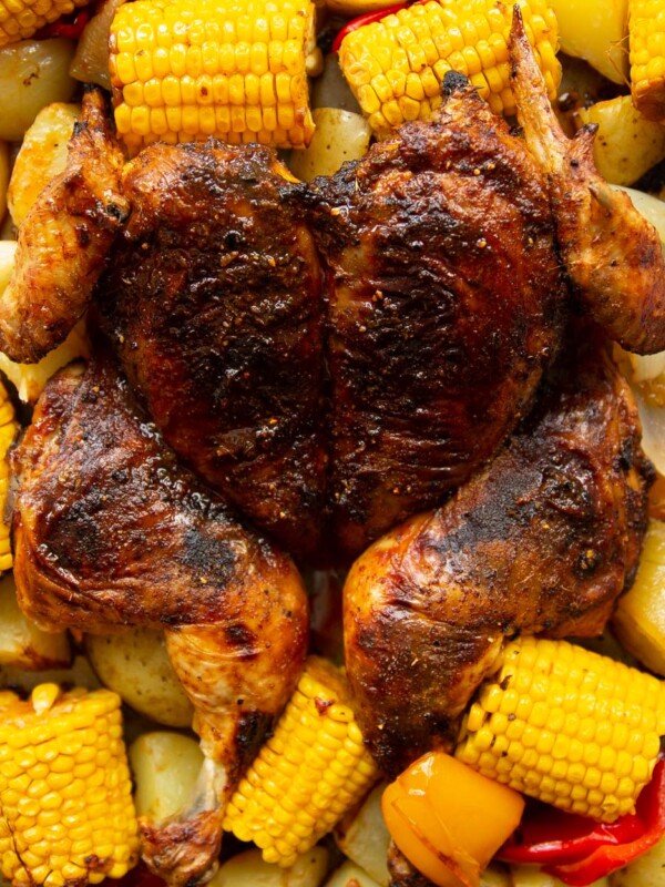 overhead shot of chicken surrounded by corn, onion and peppers on tray