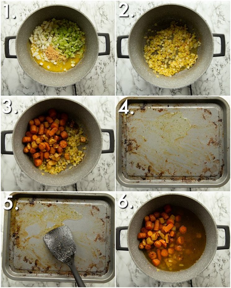 6 step by step photos showing how to make carrot soup