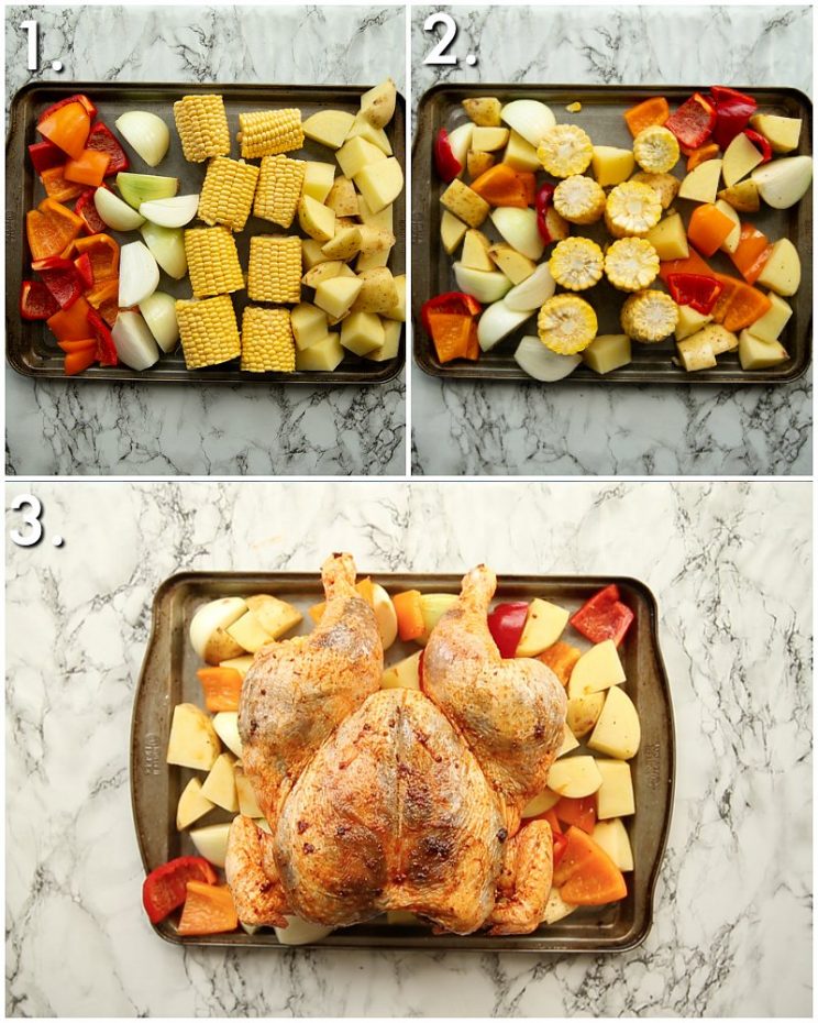 3 step by step photos showing how to make chipotle chicken traybake