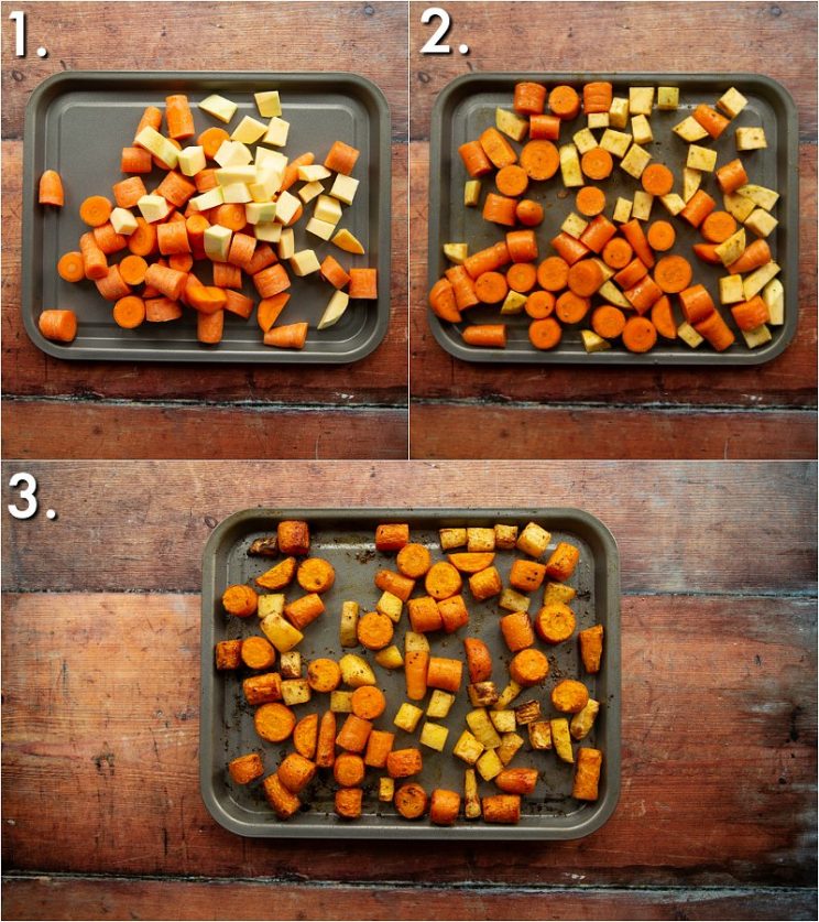 3 step by step photos showing how to roast carrot and swede