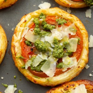 overhead shot of tomato tarts fresh out the oven