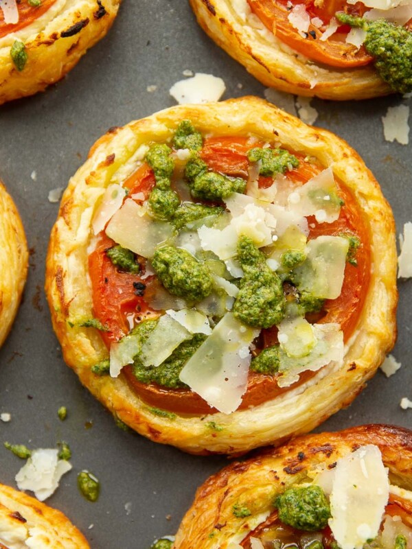 overhead shot of tomato tarts fresh out the oven