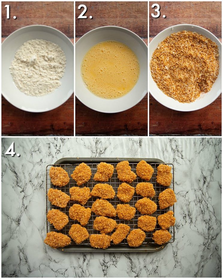 4 step by step photos showing how to coat chicken nuggets