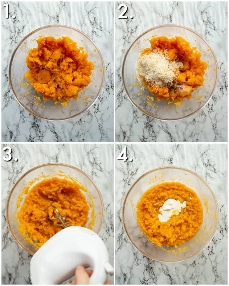 4 step by step photos showing how to make butternut squash mash