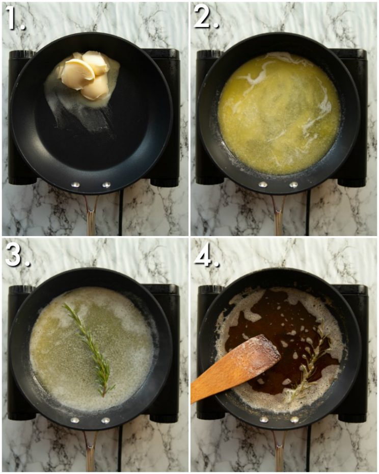 4 step by step photos showing how to make rosemary browned butter