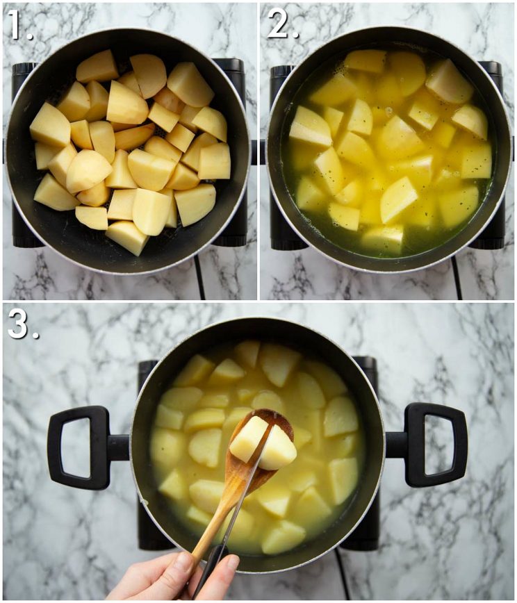 3 step by step photos showing how to boil mashed potatoes in chicken stock