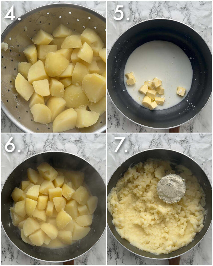 4 step by step photos showing how to make boursin mashed potatoes