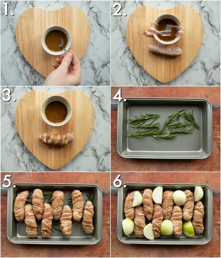 6 step by step photos showing how to make sausages wrapped in bacon