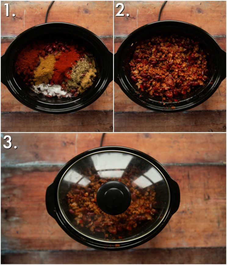 3 step by step photos showing how to slow cook turkey chili