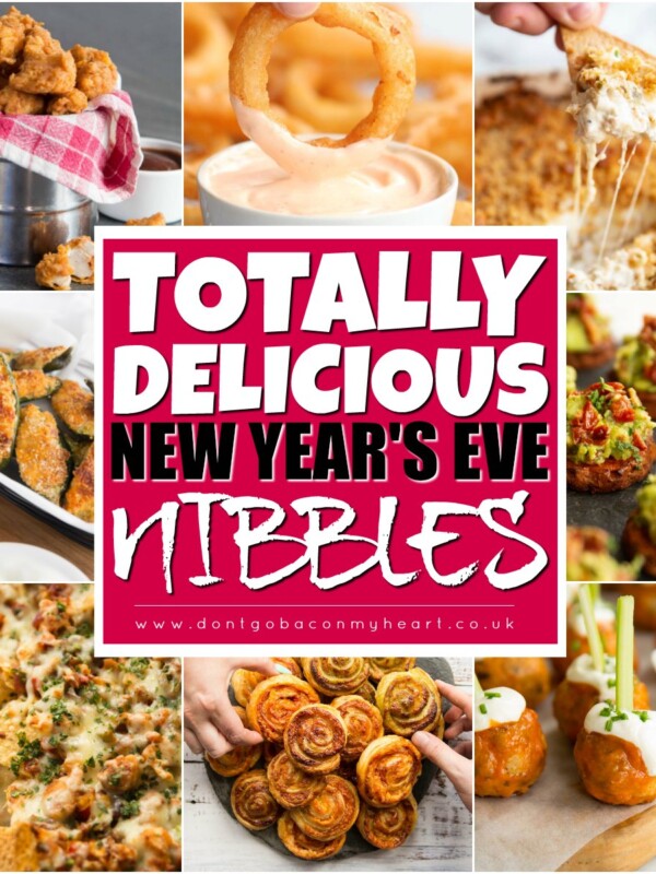 New Year's Eve food collage with text overlay