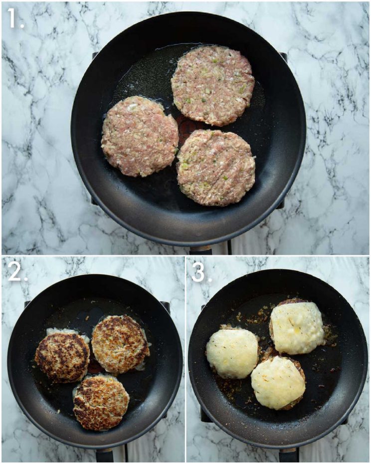 3 step by step photos showing how to cook pork and apple burgers