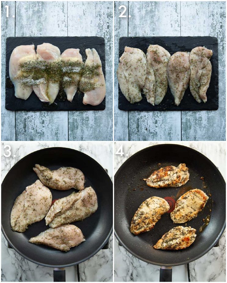 4 step by step photos showing how to fry chicken breasts