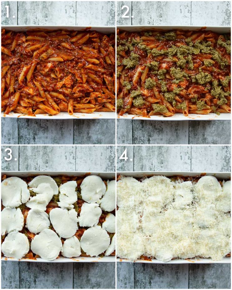 4 step by step photos showing how to make chicken pasta bake