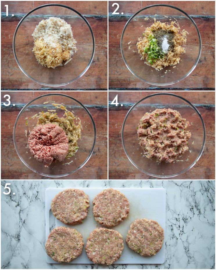 5 step by step photos showing how to make pork and apple burgers