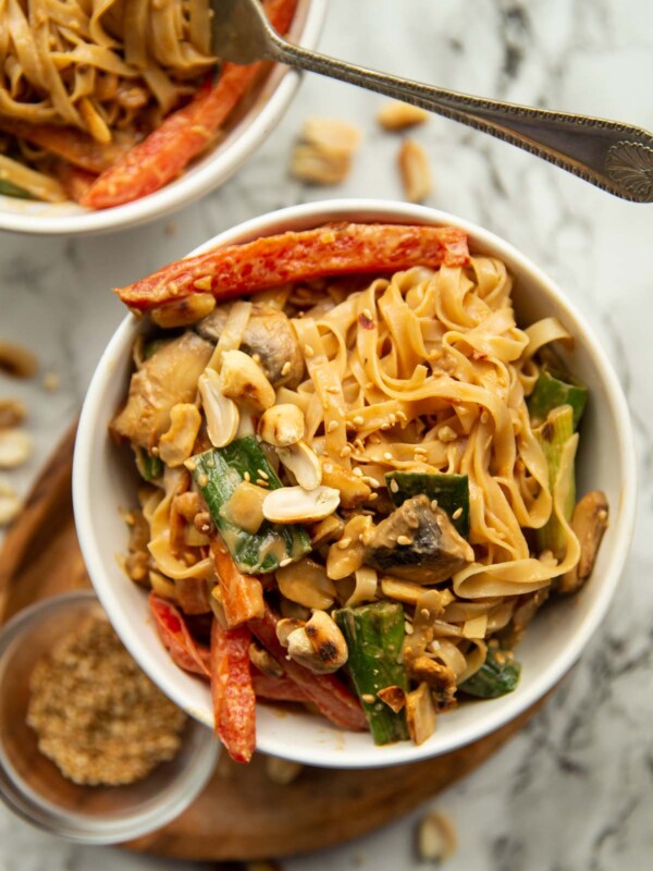 overhead shot of noodles in a white bowl surrounded by peanuts and sesame seeds