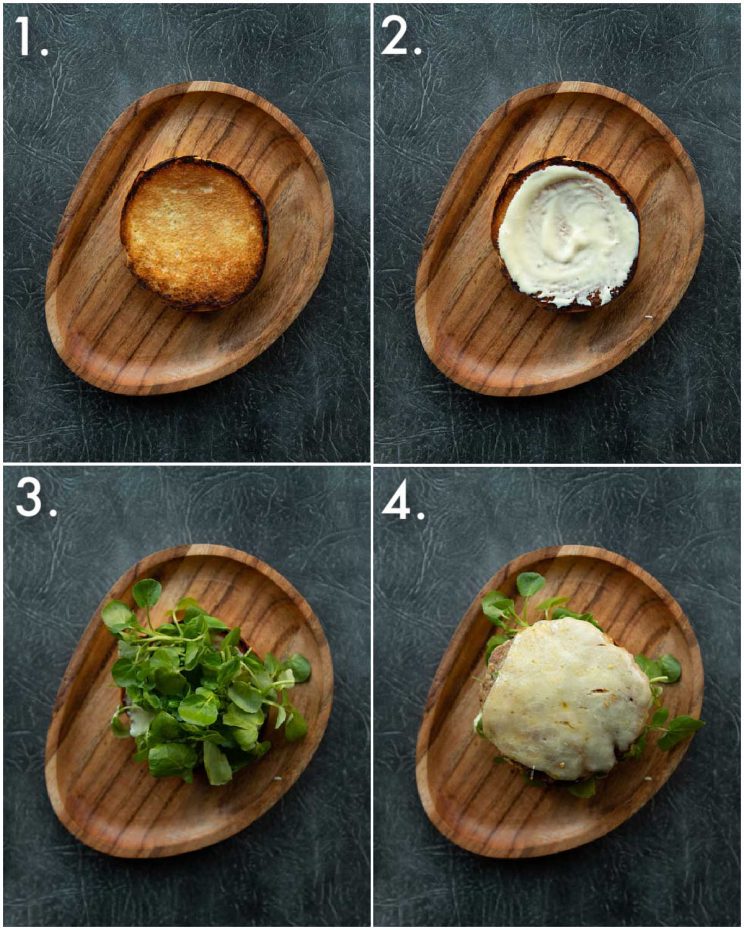 4 step by step photos showing pork and apple burger fillings