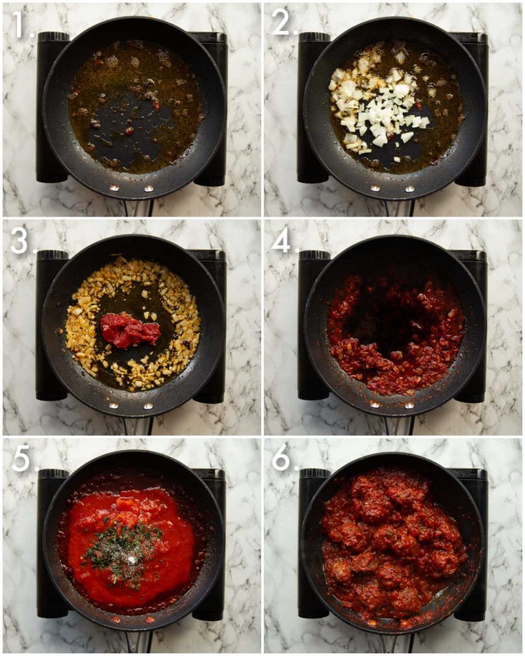 6 step by step photos showing how to make skillet meatballs