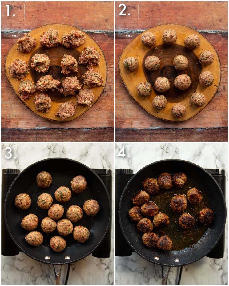 4 step by step photos showing how to pan fry meatballs