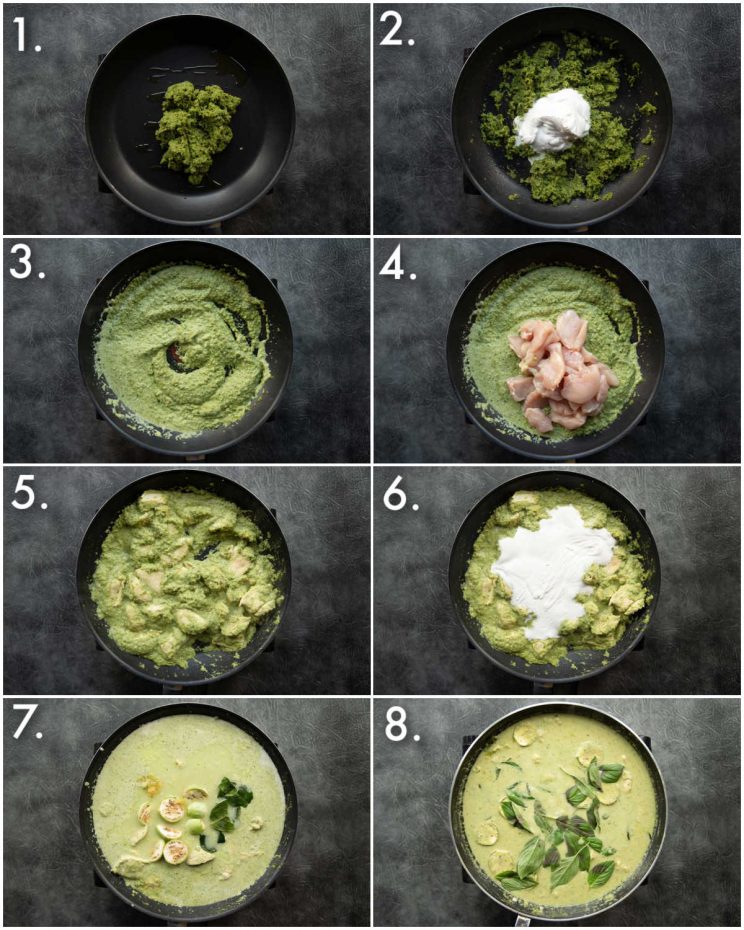 8 step by step photos showing how to make Thai green curry