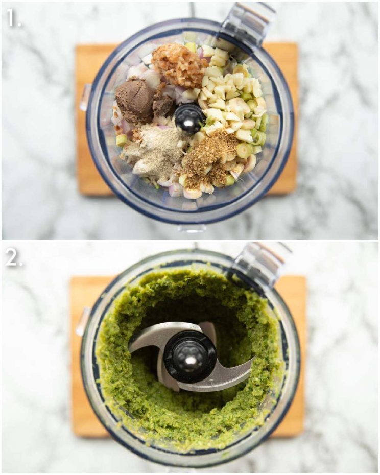 2 step by step photos showing how to make Thai green curry paste