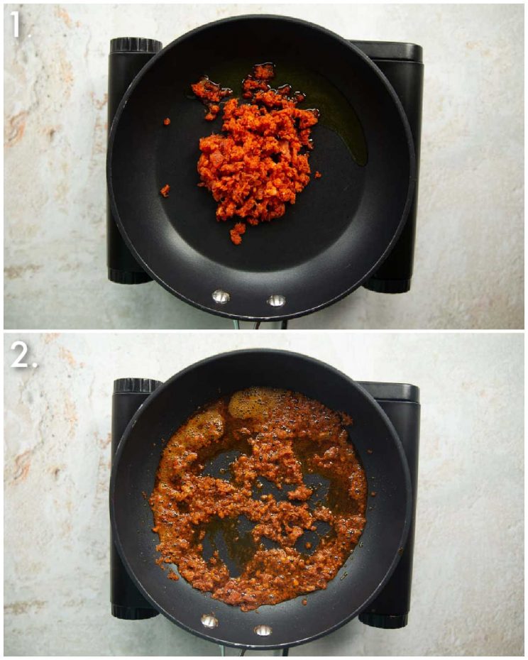 2 step by step photos showing how to make a chorizo crumb