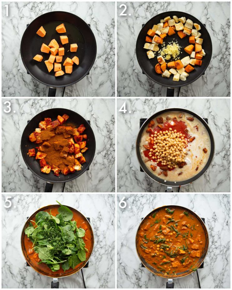 6 step by step photos showing how to make halloumi curry