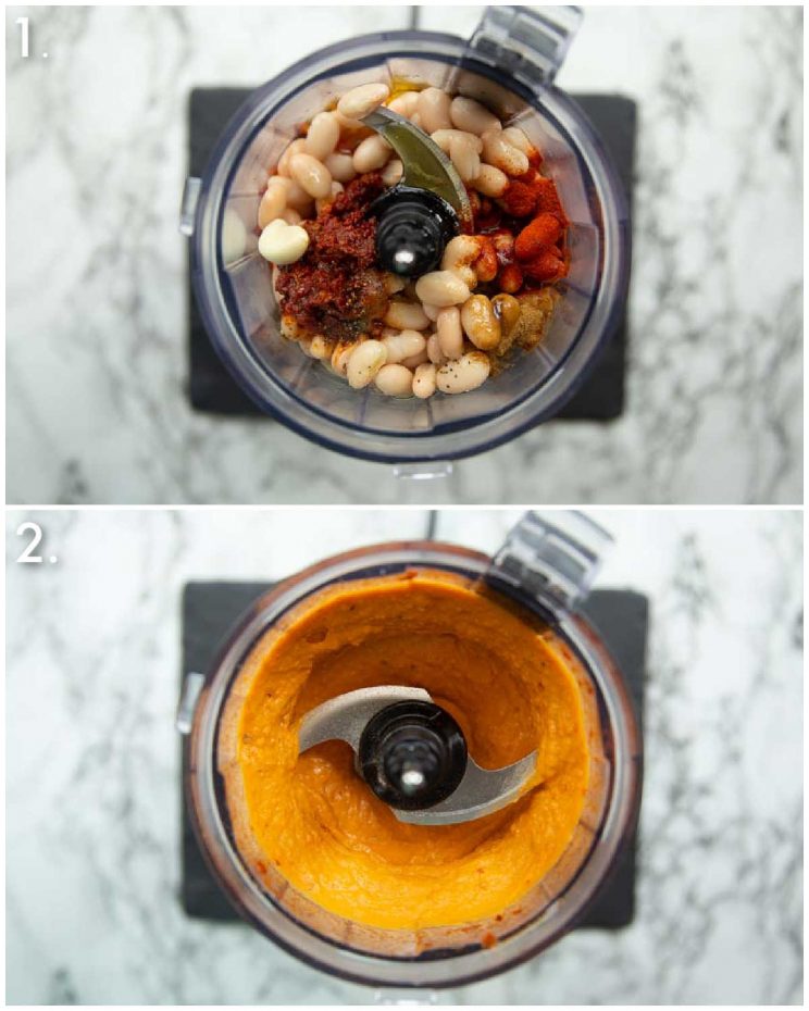 2 step by step photos showing how to make harissa white bean dip