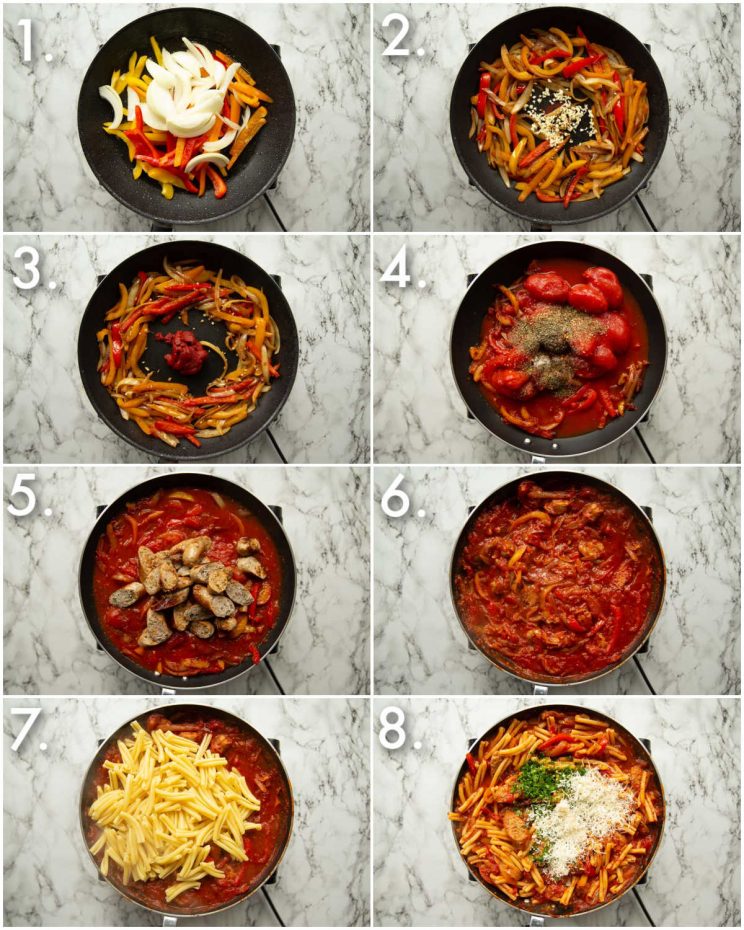 8 step by step photos showing how to make sausage and peppers pasta