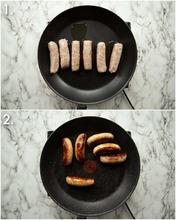 2 step by step photos showing how to pan fry sausages