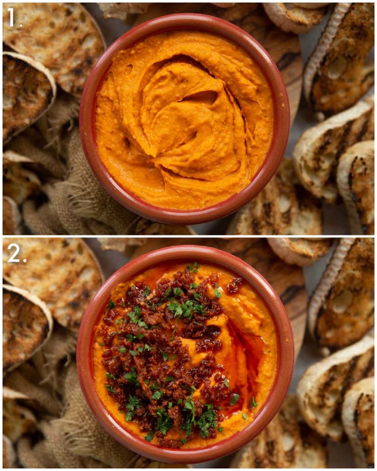 2 step by step photos showing how to serve harissa white bean dip