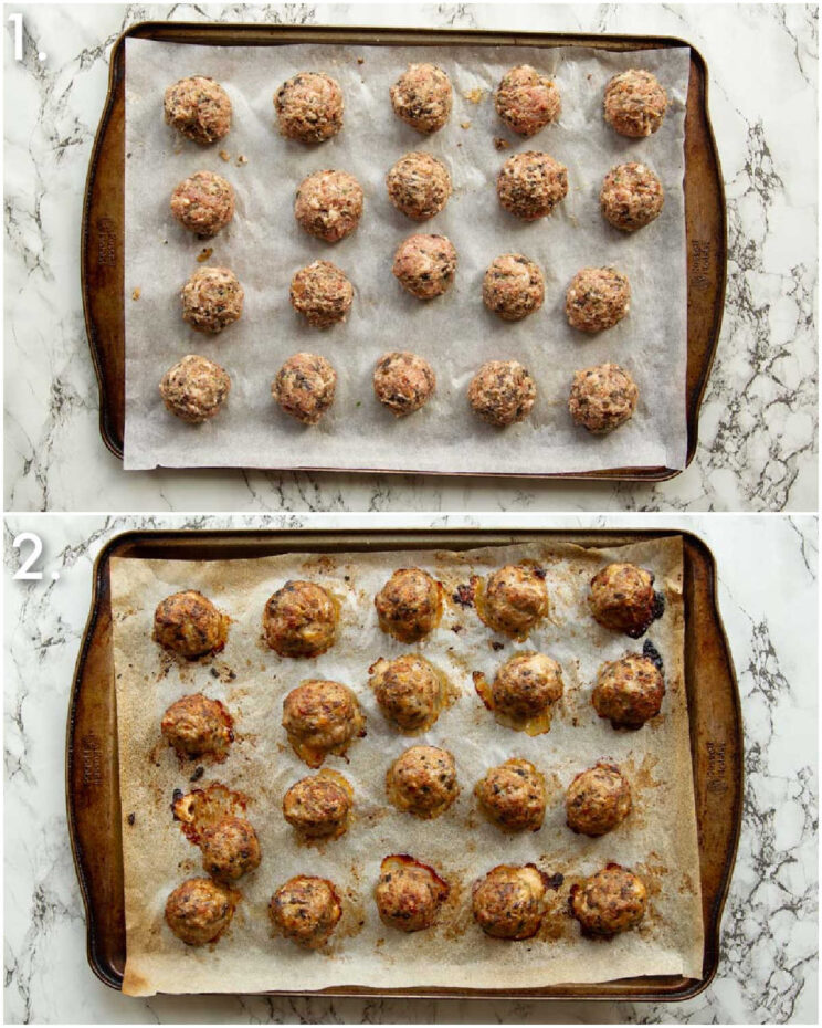 2 step by step photos showing how to bake breakfast meatballs