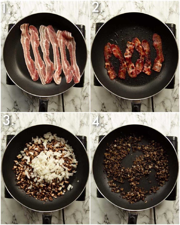 4 step by step photos showing how to fry bacon and mushrooms