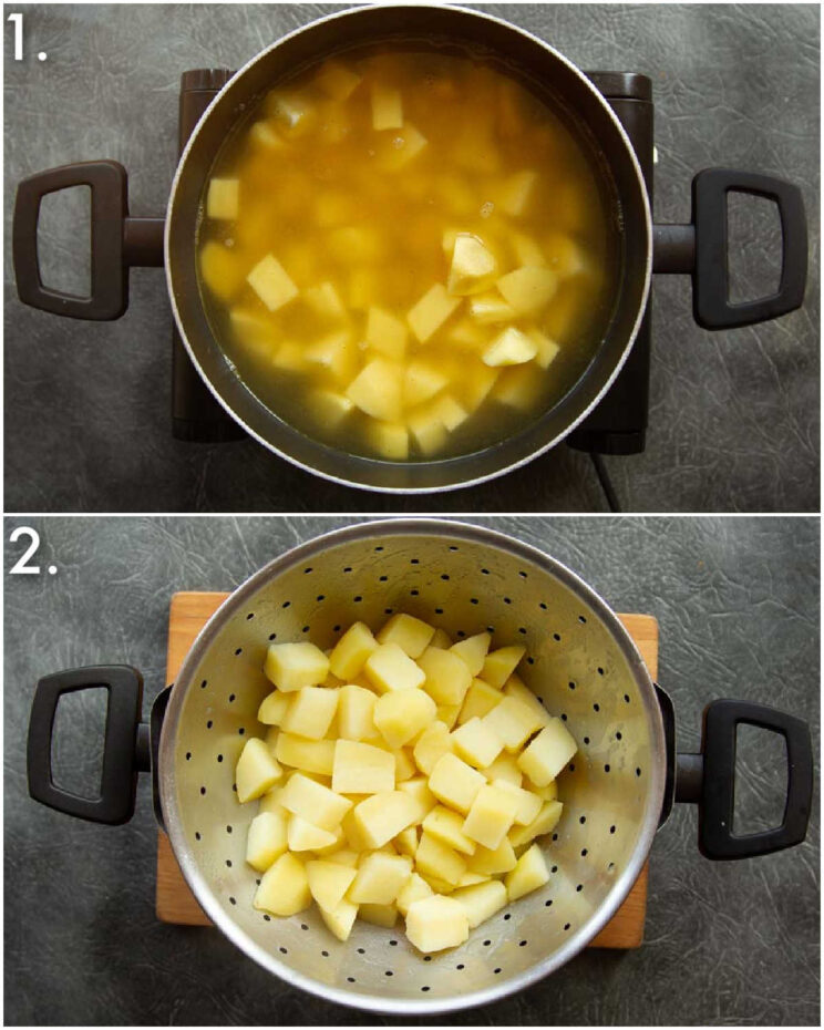 2 step by step photos showing how to make chicken stock potatoes