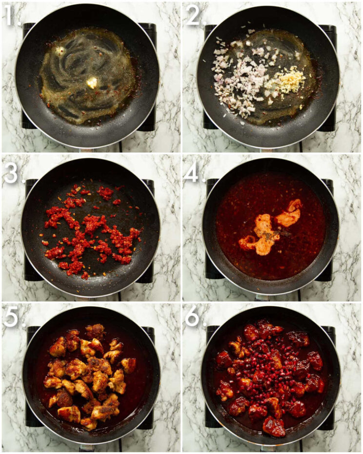 6 step by step photos showing how to make pomegranate chicken