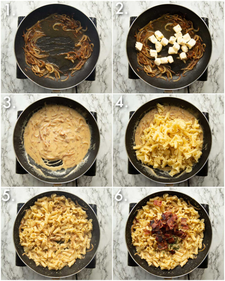 6 step by step photos showing how to make brie pasta