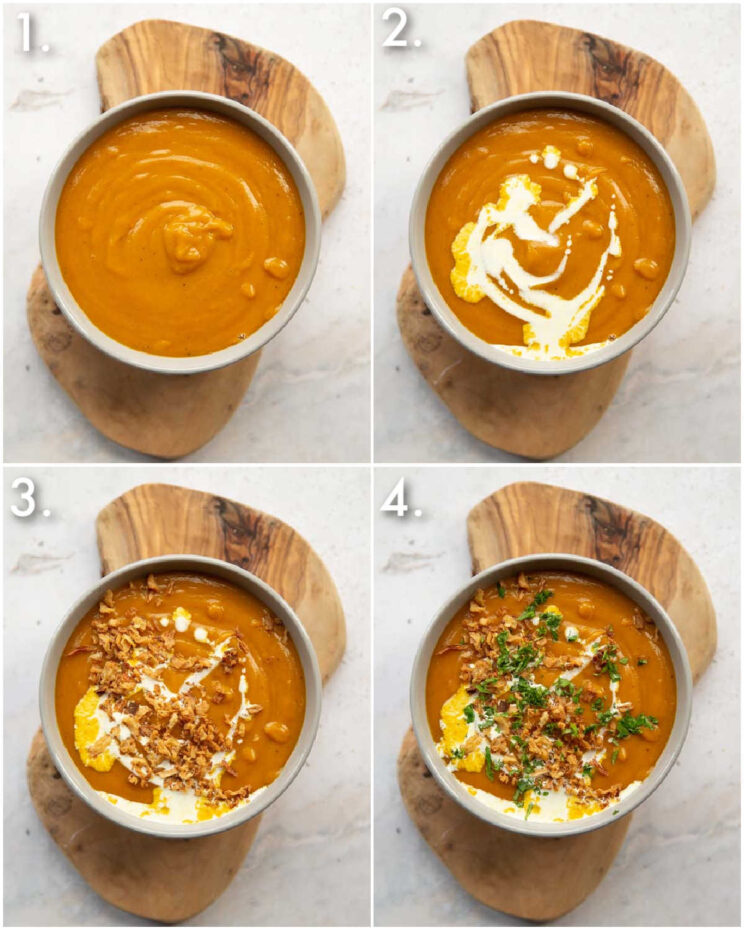 4 step by step photos showing how to serve sweet potato soup