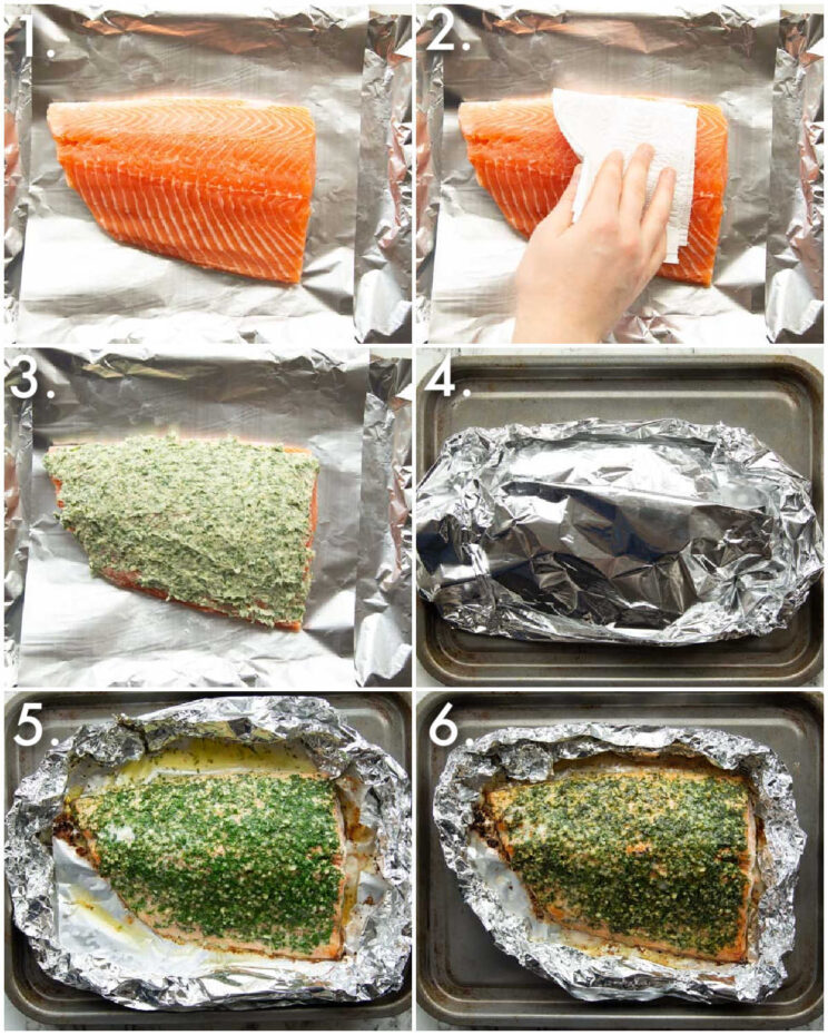 6 step by step photos showing how to bake salmon in foil