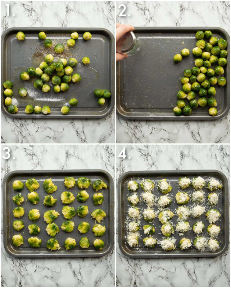 4 step by step photos showing how to smash brussels sprouts