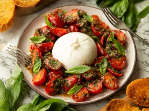 Italian Focaccia With Tomato And Burrata - Healthy Little Cravings