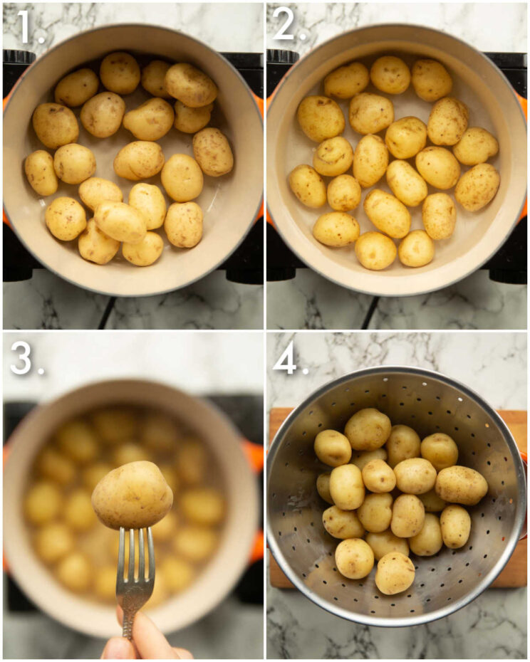 4 step by step photos showing how to prepare smashed potatoes