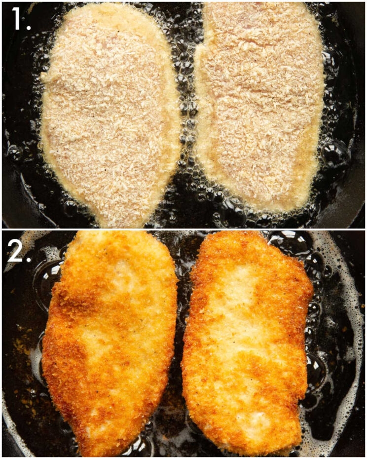 2 step by step photos showing how to shallow fry chicken