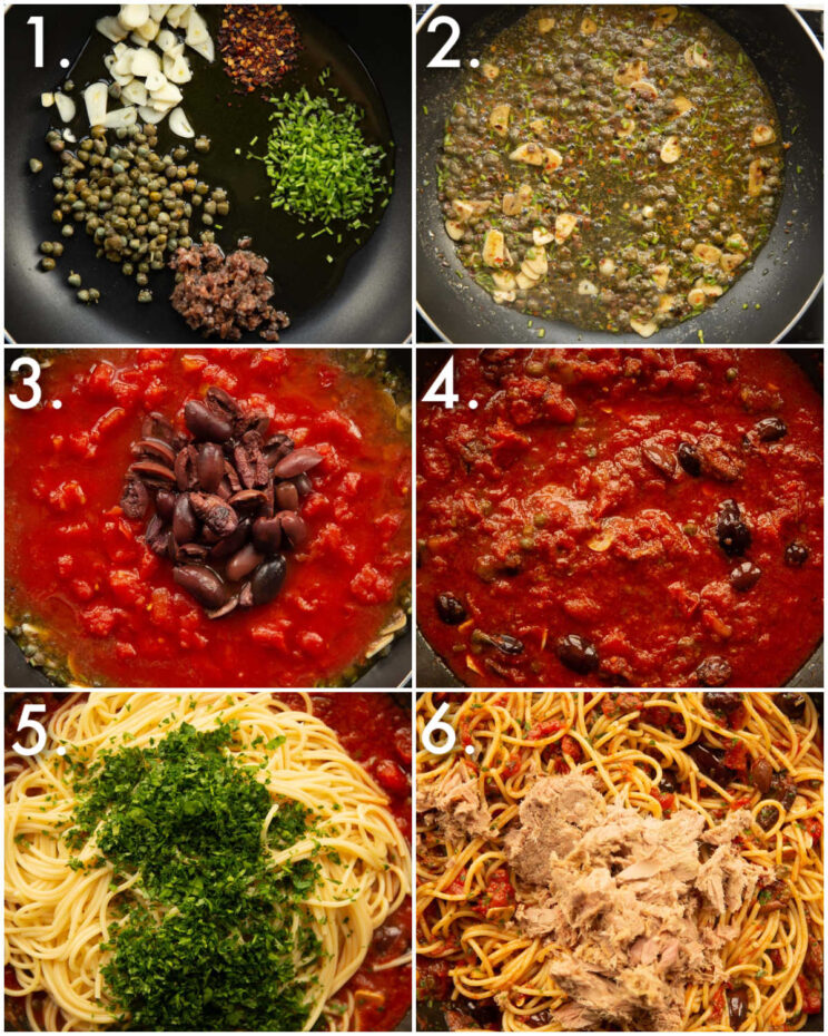 6 step by step photos showing how to make tuna puttanesca