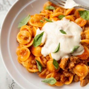 orecchiette with sausage and bechamel sauce in white bowl and silver fork in background