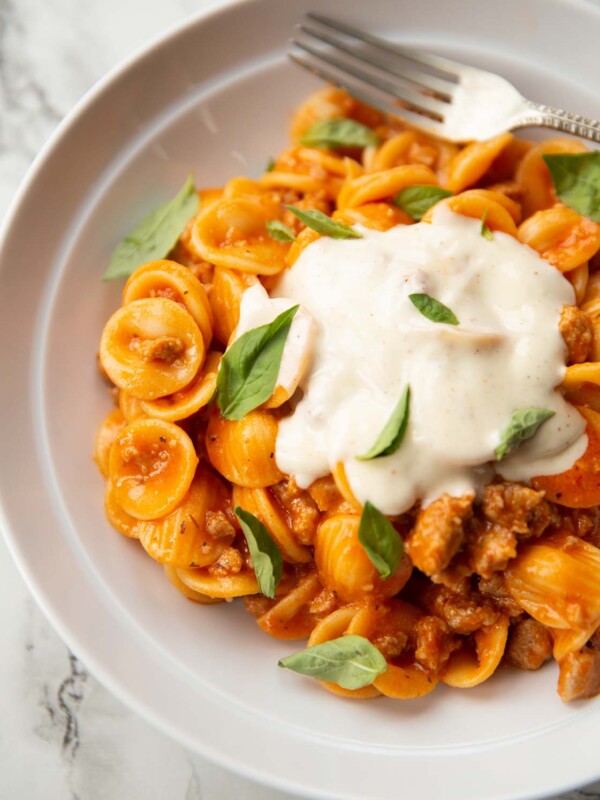 orecchiette with sausage and bechamel sauce in white bowl and silver fork in background