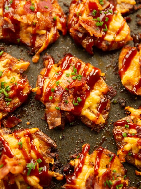 close up overhead shot of hunters smashed potatoes on baking tray