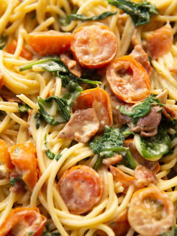 close up shot of blt pasta in pan