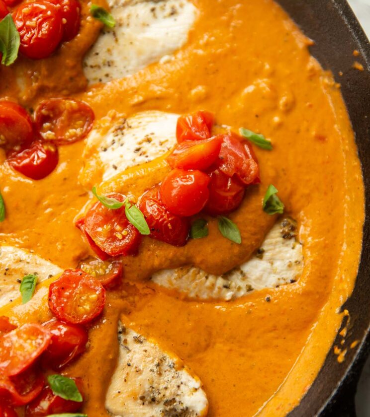 close up shot of creamy tomato chicken in pan